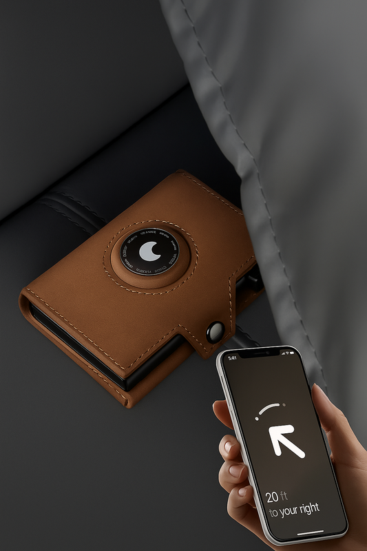 Billetera de cuero con AirTag y bloqueo RFID, diseño elegante y funcional para máxima seguridad. Ideal para ejecutivos y viajeros que buscan estilo, tecnología y protección en un solo accesorio.