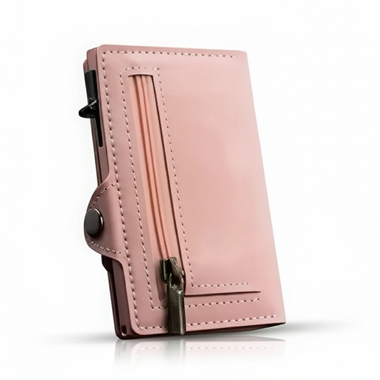 Billetera rosa palo con protección RFID, diseño compacto y elegante para mujer. Accesorio de lujo con materiales premium, ideal para seguridad y estilo diario.