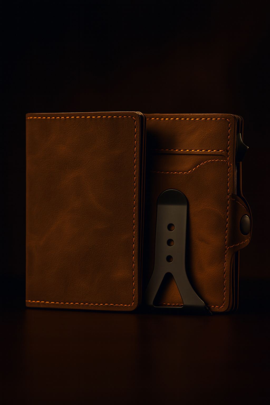 Billetera minimalista RFID de cuero sintético con clip metálico, diseño elegante y compacto para máxima seguridad y estilo.