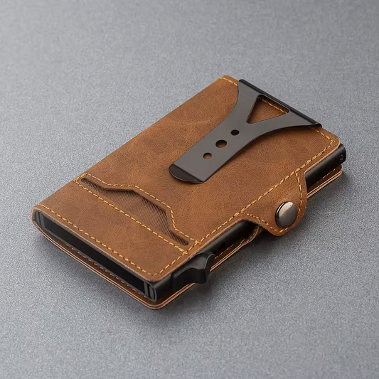 Billetera minimalista RFID de cuero sintético con clip metálico, diseño elegante y compacto para máxima seguridad y estilo.