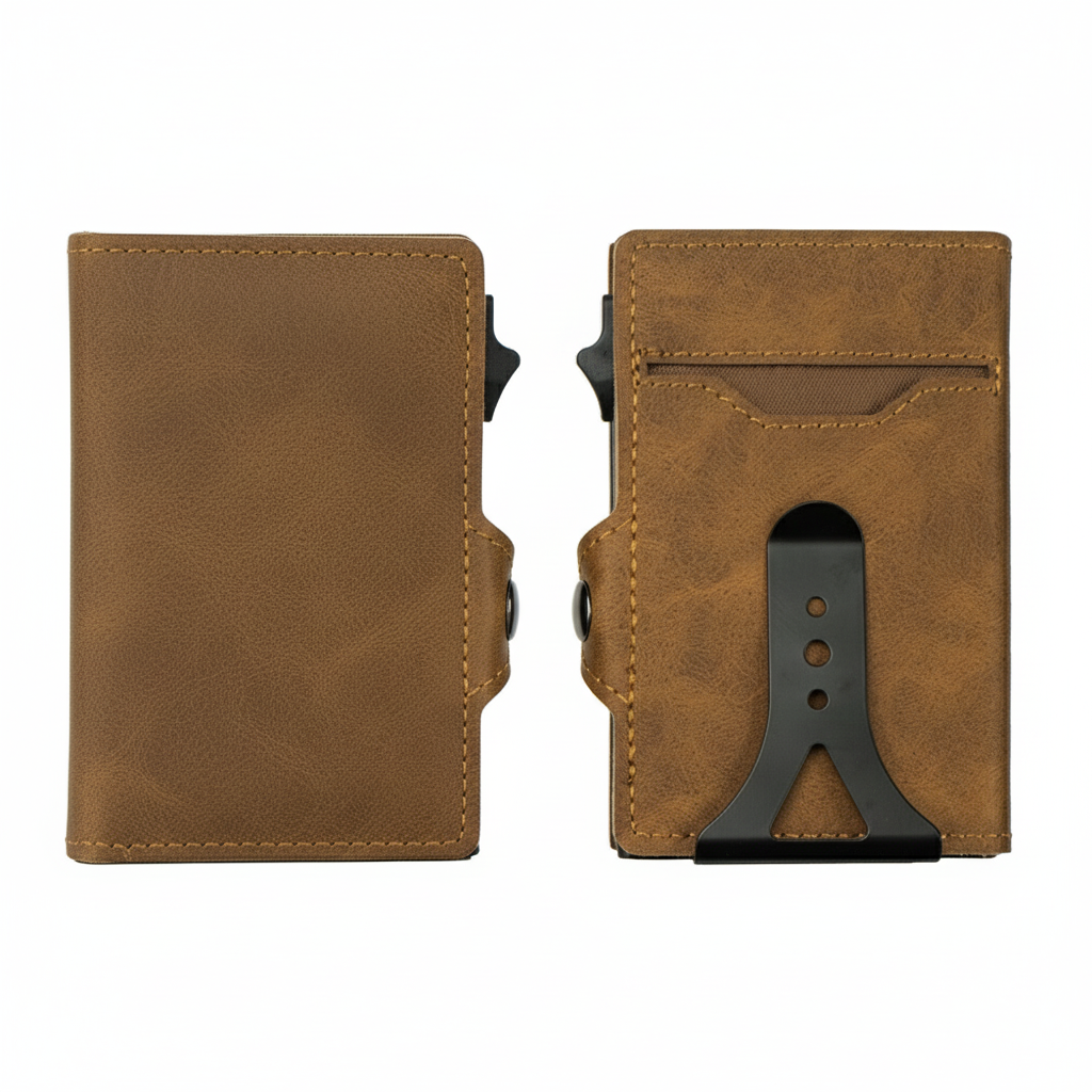 Billetera minimalista RFID de cuero sintético con clip metálico, diseño elegante y compacto para máxima seguridad y estilo.