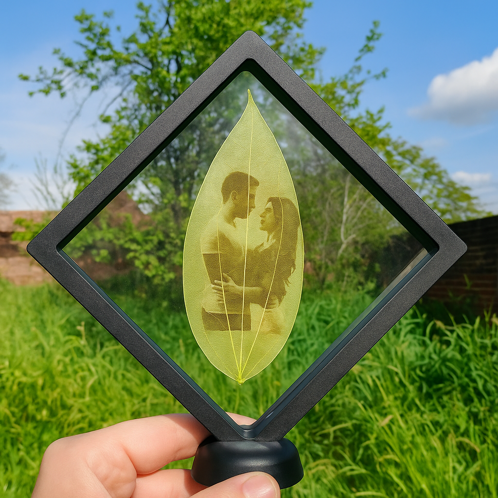 Grabado láser personalizado sobre hoja natural con foto o retrato, regalo ecológico y artesanal hecho en Chile.