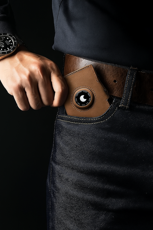 Billetera de cuero con AirTag y bloqueo RFID, diseño elegante y funcional para máxima seguridad. Ideal para ejecutivos y viajeros que buscan estilo, tecnología y protección en un solo accesorio.