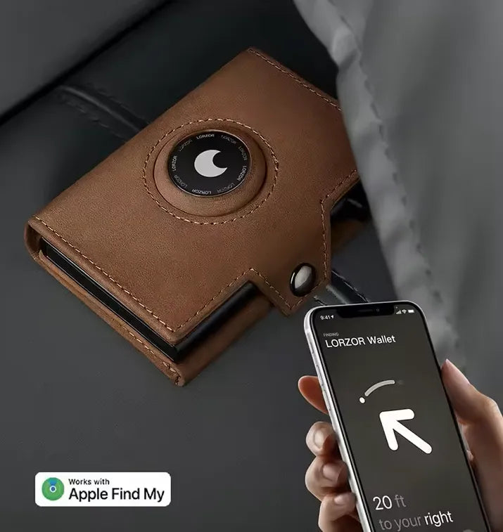 Billetera de cuero con AirTag y bloqueo RFID, diseño elegante y funcional para máxima seguridad. Ideal para ejecutivos y viajeros que buscan estilo, tecnología y protección en un solo accesorio.