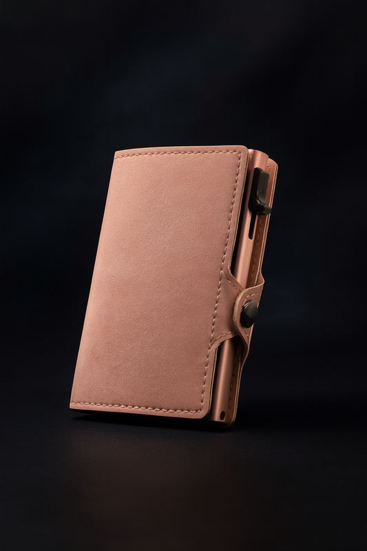 Billetera rosa palo con protección RFID, diseño compacto y elegante para mujer. Accesorio de lujo con materiales premium, ideal para seguridad y estilo diario.