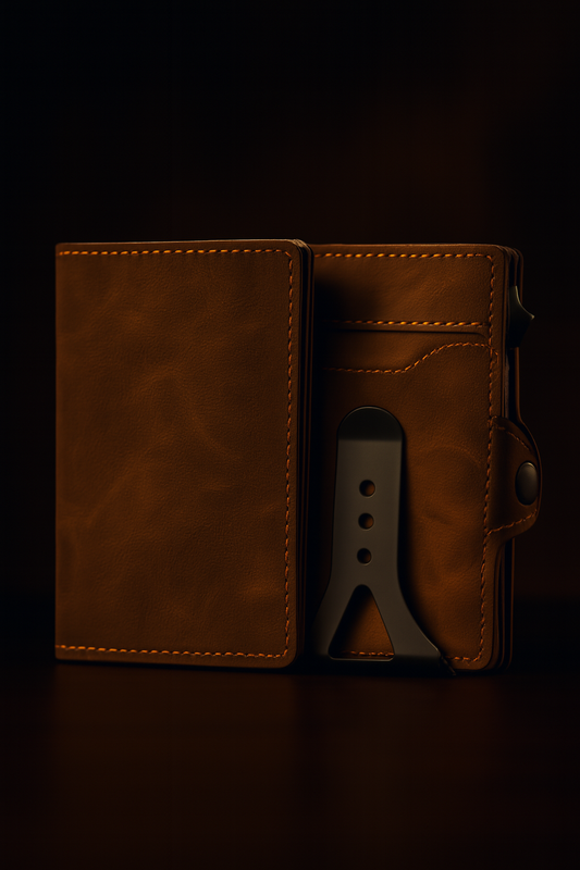 Billetera minimalista RFID de cuero sintético con clip metálico, diseño elegante y compacto para máxima seguridad y estilo.