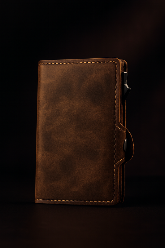 Billetera RFID minimalista de cuero marrón con clip metálico y mecanismo de extracción rápida para hombre.