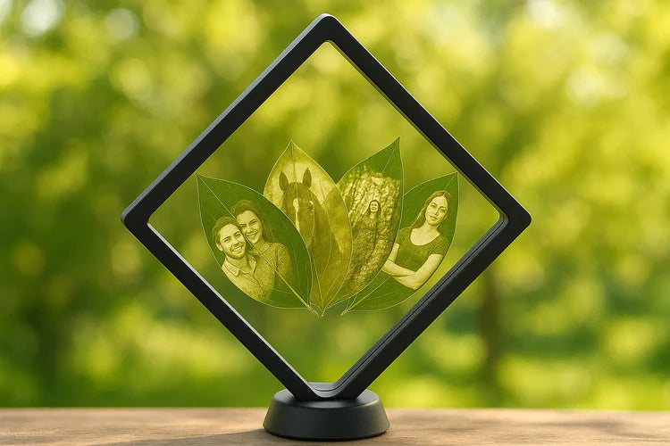 Grabado láser personalizado sobre hoja natural con foto o retrato, regalo ecológico y artesanal hecho en Chile.