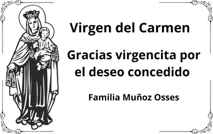 Placa de agradecimiento grabada en láser sobre aluminio, personalizada con el nombre del santo y mensaje de fe, ideal para iglesias o altares.
