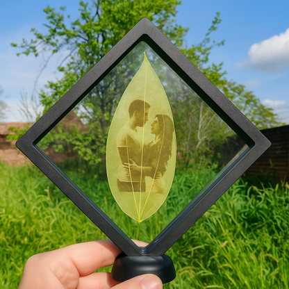 Grabado láser personalizado sobre hoja natural con foto o retrato, regalo ecológico y artesanal hecho en Chile.